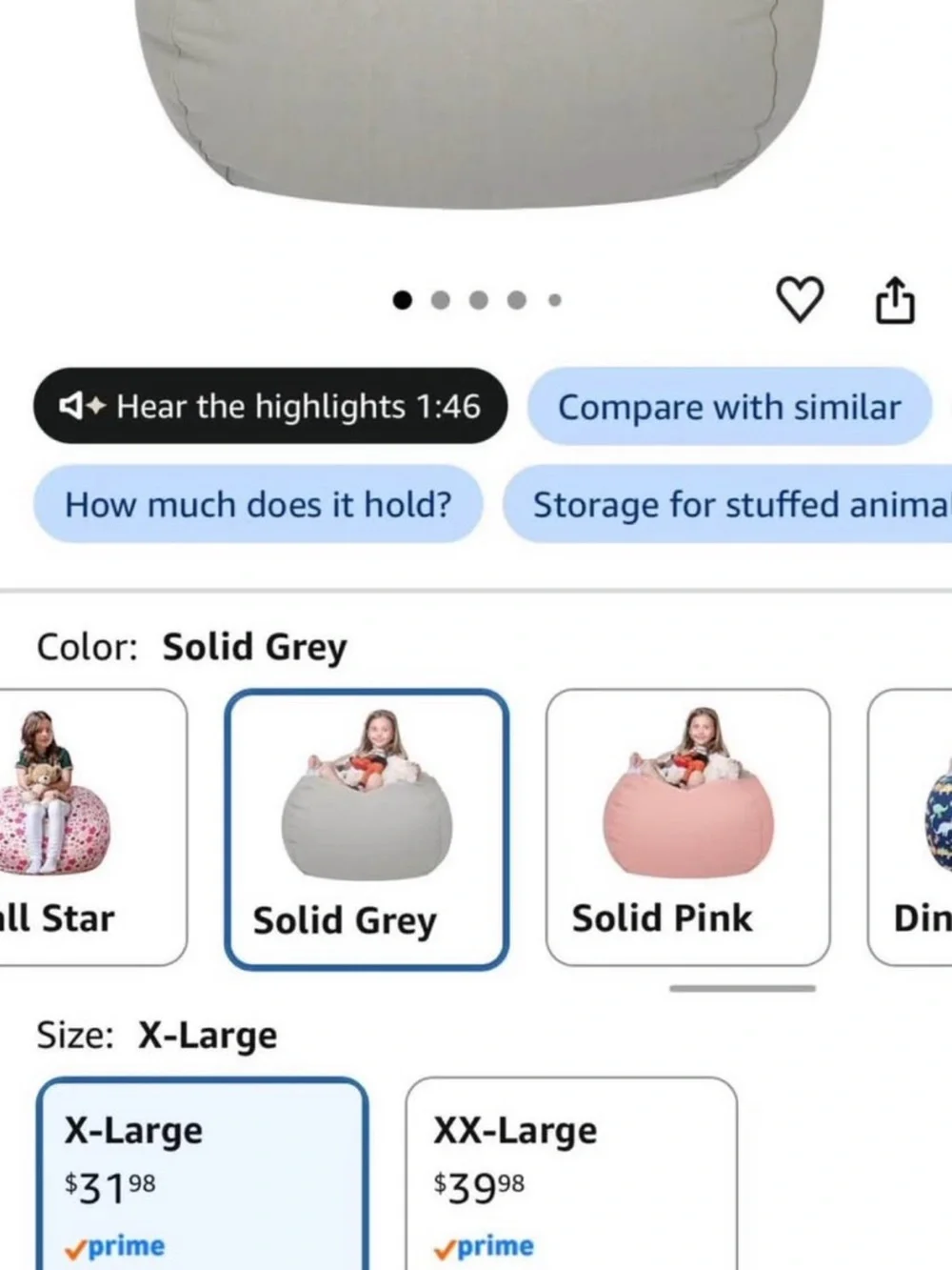 Kids Stuffable Zipper Beanbag Toy Storage - Light Grey